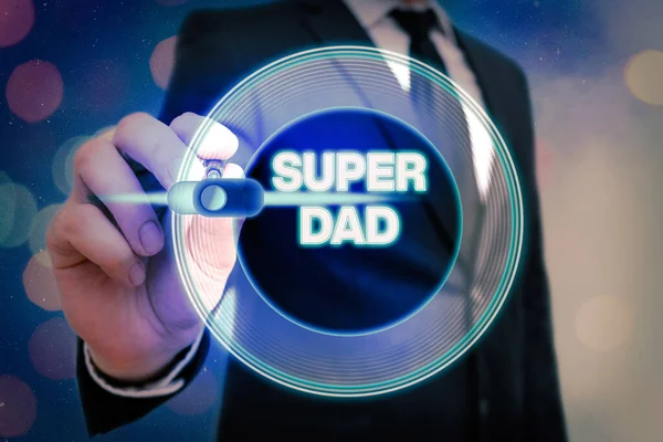 Writing note showing Super Dad. Business photo showcasing Children idol and super hero an inspiration to look upon to. — Stock Photo, Image