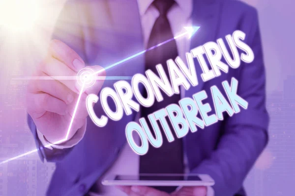 Tekstbord met Coronavirus uitbraak. Conceptuele foto infectieziekte veroorzaakt door nieuw ontdekte COVID19. — Stockfoto