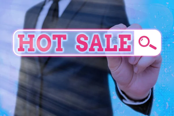 Szöveges üzenet a Hot Sale-ről. Üzleti koncepció termékek magas kedvezményre Nagy ár Black Friday. — Stock Fotó