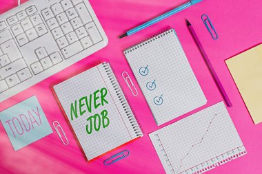 Kavramsal el yazısı Hiç İş Yapmadığını gösteriyor. İş fotoğrafı metni. Sevdiğiniz bir işi seçmek ve yeteneklerinizi geliştirmek. Sade masaya yerleştirilmiş donanım ve bilgisayar şeylerini yazmak..