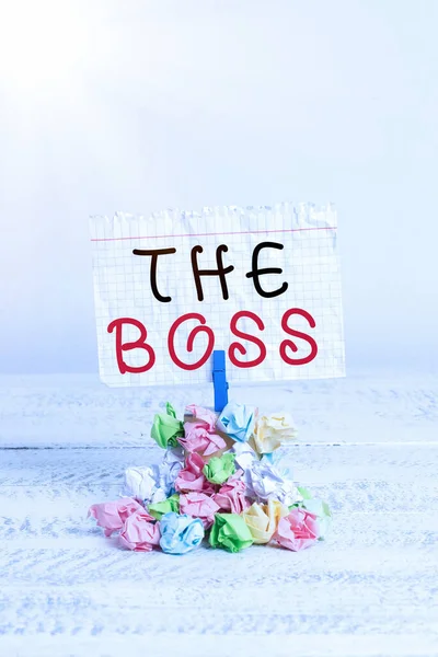 Handstilstext med The Boss. Begreppet betyder en demonstration som utövar kontroll eller auktoritet i organisationen Påminnelse lugg färgat skrynkligt papper klädnypa påminnelse vitt trä utrymme. — Stockfoto