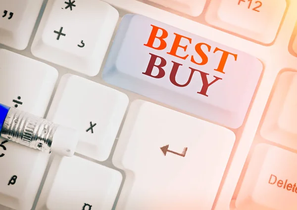 Fogalmi kézírás a Best Buy-ról. Üzleti fotó szöveg legelőnyösebb kombinációja a költség és a minőség egy termék. — Stock Fotó
