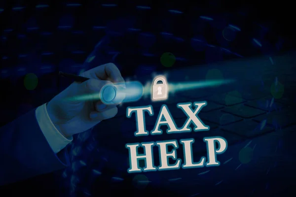 Conceptual hand writing showing Tax Help. Business photo showcasing Assistance from the compulsory contribution to the state revenue. — Stock Photo, Image