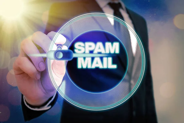 Schrijfbriefje met Spam Mail. Zakelijke foto presentatie opdringerige reclame Ongepaste berichten verzonden op het internet. — Stockfoto