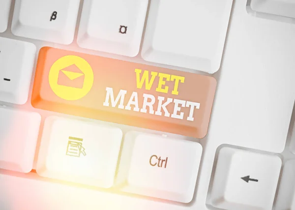 Ordskrivning text Wet Market. Affärsidé för marknaden för försäljning av färska köttprodukter och andra lättfördärvliga varor. — Stockfoto