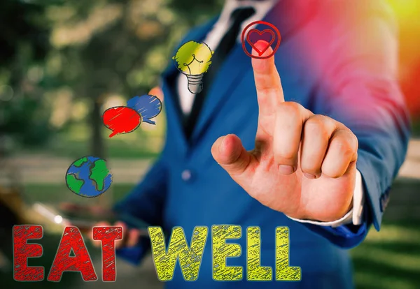 Text sign showing Eat Well. Conceptual photo Practice of eating only foods that are whole and not processed.