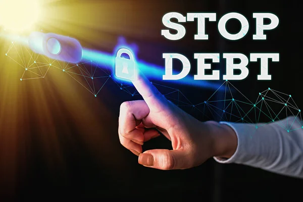 Writing note showing Stop Debt. Business photo showcasing does not owning any money or things to any individual or companies. — Stock Photo, Image