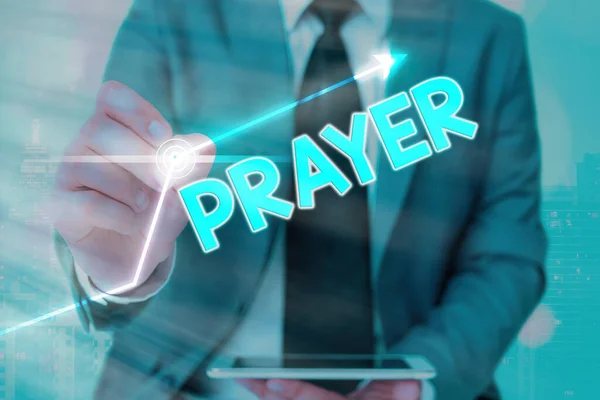 Text sign showing Prayer. Conceptual photo solemn request for help or expression of thanks addressed to God. — Stock Photo, Image