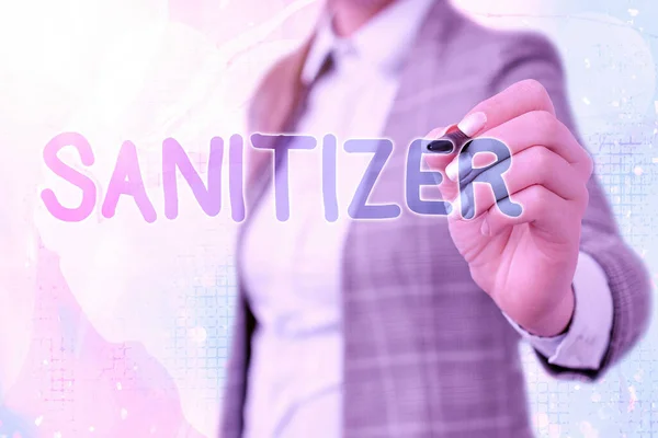 Word writing text Sanitizer. Geschäftskonzept für Flüssigkeit oder Gel zur Verringerung von Infektionserregern. — Stockfoto