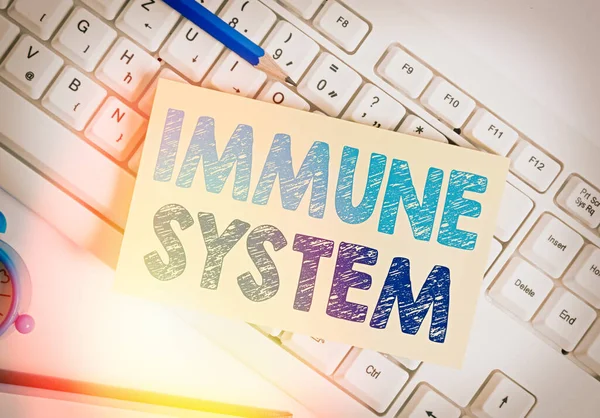 Writing note showing Immune System. Business photo showcasing Complex network work together to defend against germs White pc keyboard note paper and paper clips above white background. — Stock Photo, Image