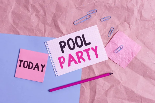 Conceptual hand writing showing Pool Party. Business photo text celebration that includes activitites in a swimming pool Papercraft desk square spiral notebook office study supplies. — Stock Photo, Image