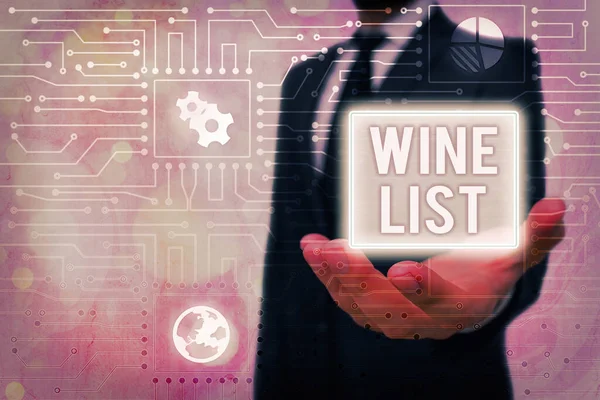 Escritura a mano conceptual que muestra la Lista de vinos. Menú de texto de foto de negocios de selecciones de vino para la compra típicamente en un restaurante . — Foto de Stock