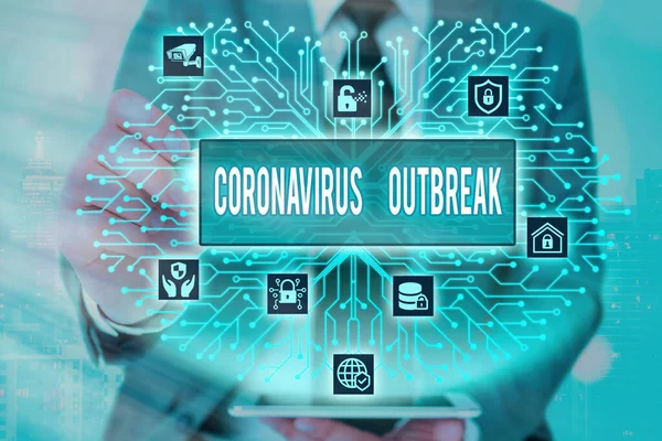 Слова, пишущие текст Coronavirus Outbreak. Бизнес-концепция для инфекционных заболеваний, вызванных недавно обнаруженным COVID19 . — стоковое фото