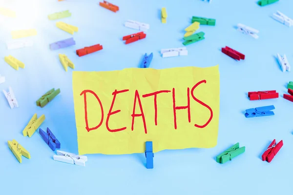 A kézírás halálos áldozatokat ír. Koncepció jelentése végleges megszűnése minden életjel, például a haldokló egyéni színes ruhacsap papírok üres emlékeztető kék padló háttér iroda pin. — Stock Fotó