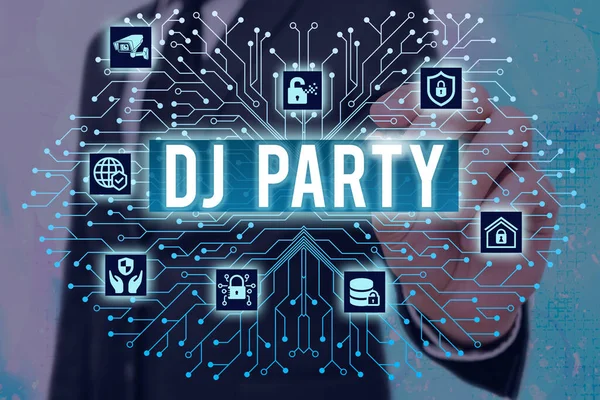 Κείμενο κειμένου κειμένου DJ Party. Επιχειρηματική ιδέα για την επίδειξη ποιος εισάγει και παίζει ηχογραφημένη λαϊκή μουσική στο ραδιόφωνο. — Φωτογραφία Αρχείου