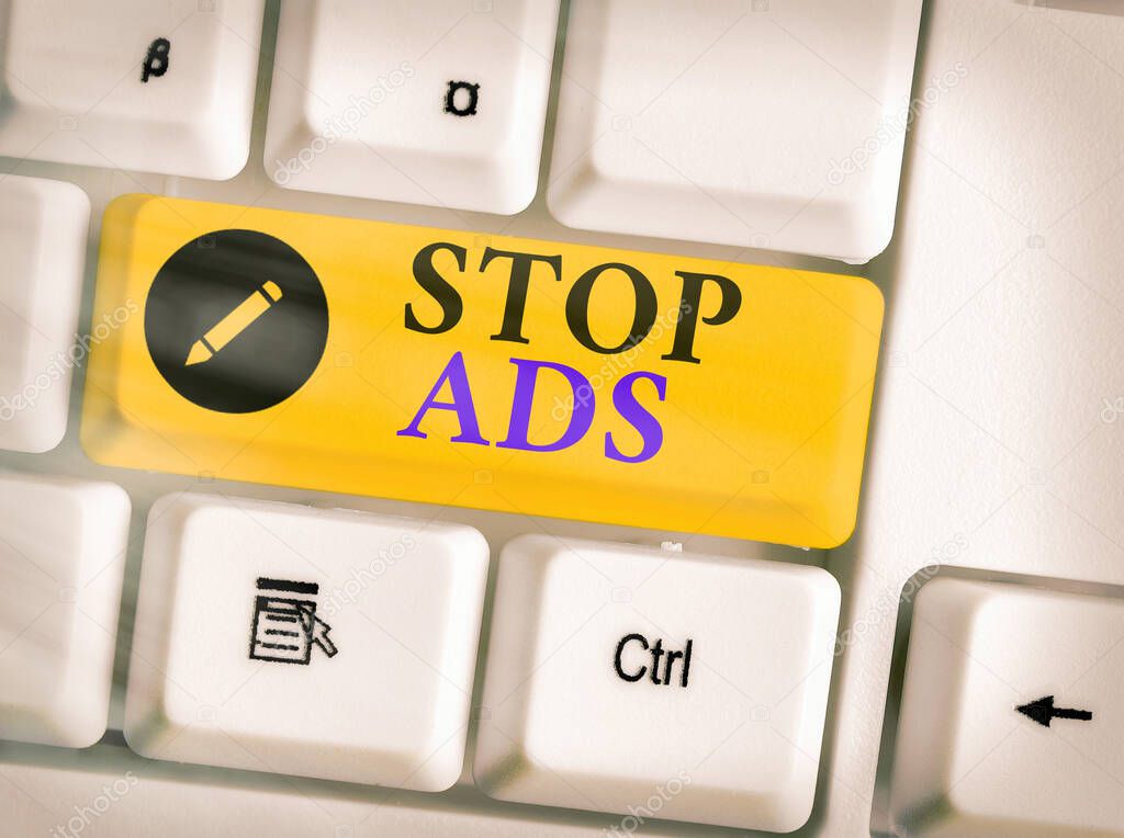 Conceptual hand writing showing Stop Ads. Business photo showcasing program that will remove different kinds of advertising from Web.
