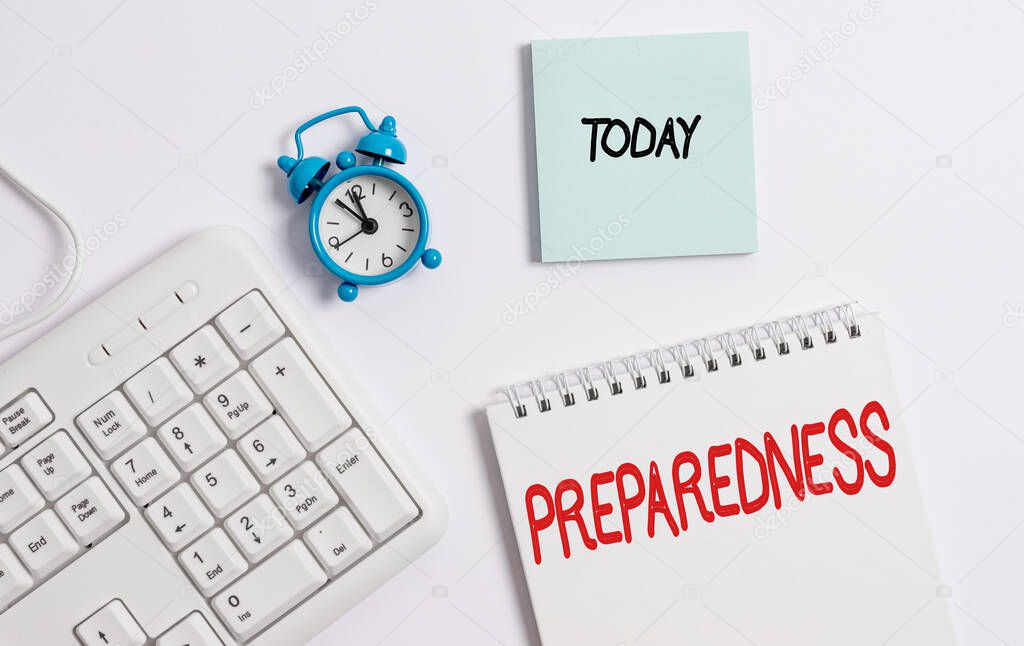 Word writing text Preparedness. Business concept for quality or state of being prepared in case of unexpected events White pc keyboard with empty note paper and pencil above white background.