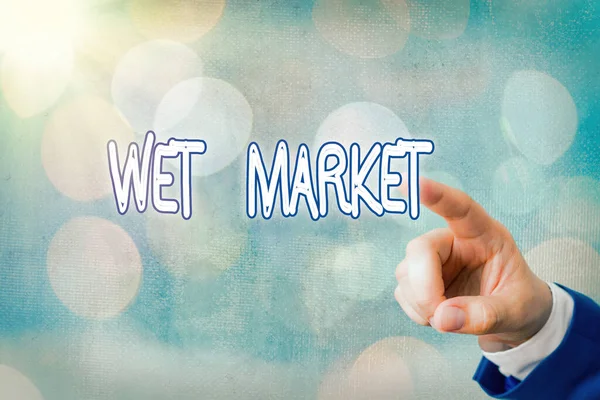 Schrijfbriefje met natte markt. Bedrijfsfoto showcasing markt verkoop van vers vlees visproducten en andere bederfelijke goederen. — Stockfoto