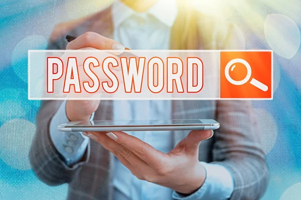 Textzeichen mit Passwort. Konzeptfoto Geheimwort Phrase muss verwendet werden, um Zugang zu Ort oder Netzwerk zu erhalten. — Stockfoto