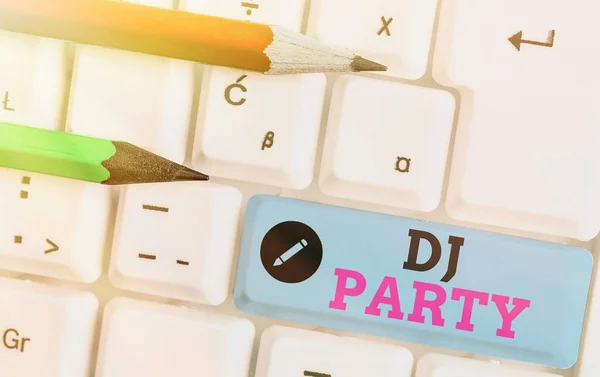 Writing note showing Dj Party. Business photo showcasing demonstrating who introduces and plays recorded popular music on radio. — Stock Photo, Image