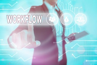 Workflow 'u gösteren not yazılıyor. Bir görevi tamamlamak için gereken bir dizi faaliyet veya prosedürü gösteren iş fotoğrafı.