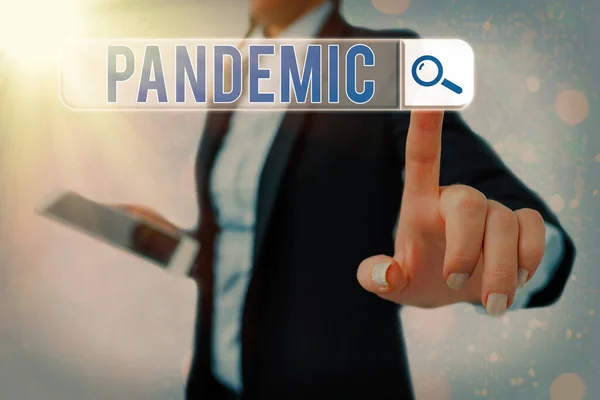 Escrita de mão conceitual mostrando pandemia. Texto de foto de negócios que ocorre em uma ampla área que afeta alta proporção da população . — Fotografia de Stock