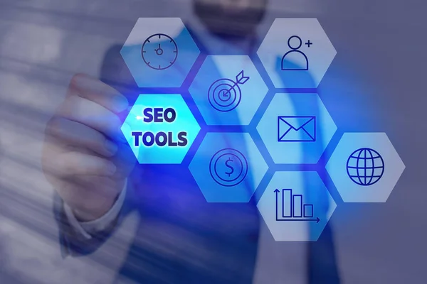 Writing note showing Seo Tools. Business photo showcasing process of affecting online visibility of website or page. — Stock Photo, Image