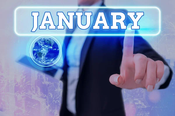 Escribiendo nota mostrando Enero. Foto de negocios mostrando el primer mes del año y considerado el segundo mes de invierno Elementos de esta imagen proporcionados por la NASA . — Foto de Stock