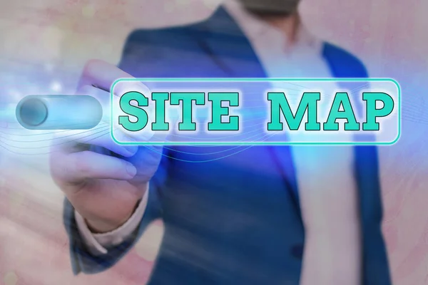 Texto de escritura de palabras Mapa del sitio. Concepto de negocio diseñado para ayudar tanto a los usuarios como a los motores de búsqueda a navegar por el sitio . —  Fotos de Stock