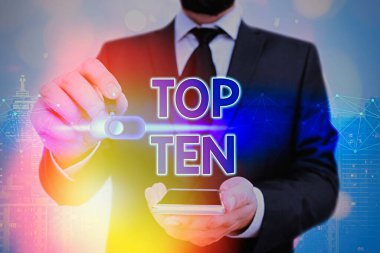 Kelime yazma metni Top 10. Popüler müzik listelerindeki en popüler on şarkı ya da kayıt için iş konsepti.