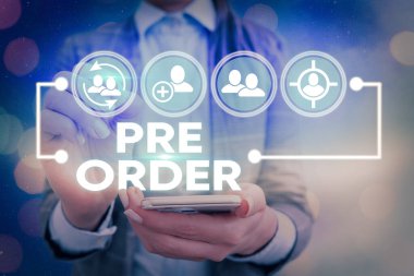 Writing note showing Pre Order. Business photo showcasing an order for a product placed before it is available for purchase.