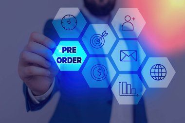 Writing note showing Pre Order. Business photo showcasing an order for a product placed before it is available for purchase.
