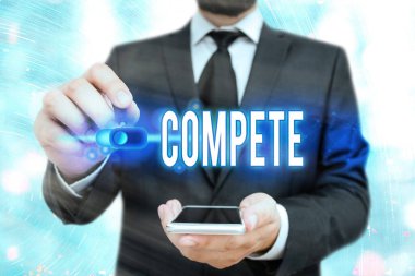 Kelime yazma metni Compete. Bir şeyi yenerek ya da diğerlerine karşı üstünlük kurarak kazanma konsepti.