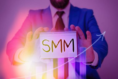 Mesaj işareti Smm 'i gösteriyor. Sosyal ağ sitelerinden yararlanan internet pazarlamasının kavramsal fotoğraf biçimi.