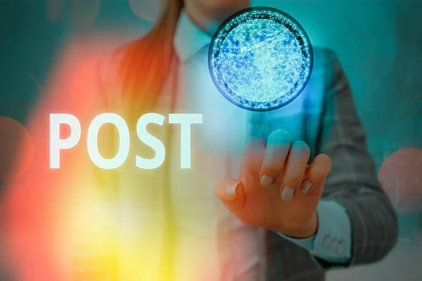 Writing note showing Post. Business photo showcasing a piece of writing, image, or other item of content published online Elements of this image furnished by NASA. — Stock Photo, Image