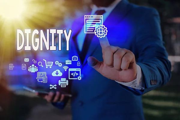 Word writing text Dignity. Business concept for Quality Being worthy of honor respect Serious manner style. — Stock Photo, Image