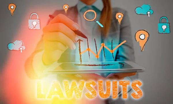 Conceptual hand writing showing Lawsuits. Business photo text a claim or dispute brought to a law court for adjudication. — Stock Photo, Image