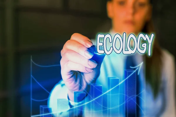 Texto manuscrito Ecología. Concepto significado Rama de la ciencia relación organismos medio ambiente Estudio científico . — Foto de Stock