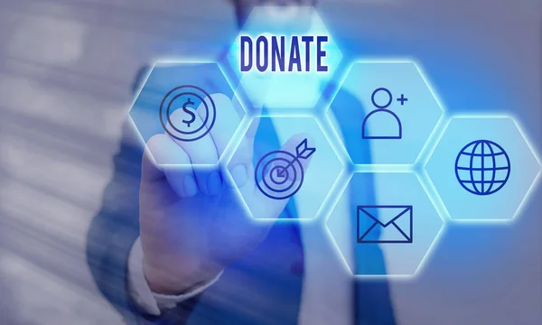 Handschriftliche Textschreiben Spenden. Konzept bedeutet, Geld oder Güter für einen guten Zweck zu spenden, zum Beispiel für wohltätige Zwecke oder. — Stockfoto