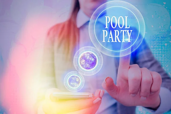 Handstilstext skrivande pool part. Begreppet innebär firande som inkluderar aktivitites i en swimmingpool Delar av denna bild som tillhandahålls av NASA. — Stockfoto