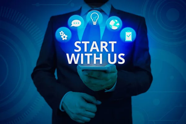 Signo de texto que muestra Start With Us. Foto conceptual invitando a alguien a trabajar juntos para cierto trabajo u objetivo . — Foto de Stock
