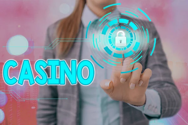 Schreiben Notiz zeigt Casino. Geschäftsfoto, das ein Gebäude zeigt, in dem vor allem Roulette und Kartenspiele gespielt werden. — Stockfoto