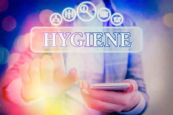 Hygiene 이라는 문자를 쓴다. 건강을 설립하고 유지하는 과학을 연구하기 위한 사업 개념. — 스톡 사진