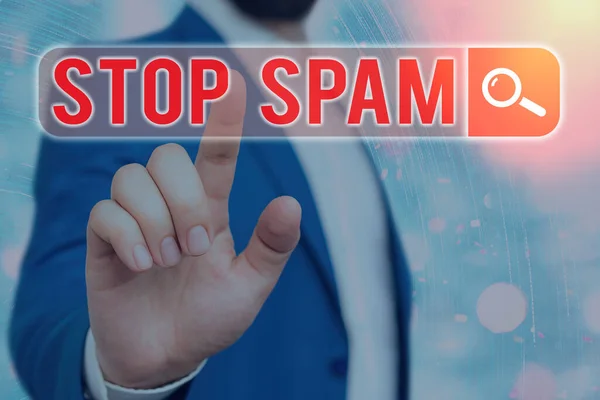 Signo de texto que muestra Stop Spam. Foto conceptual final de los mensajes intrusivos o inapropiados enviados en Internet . — Foto de Stock
