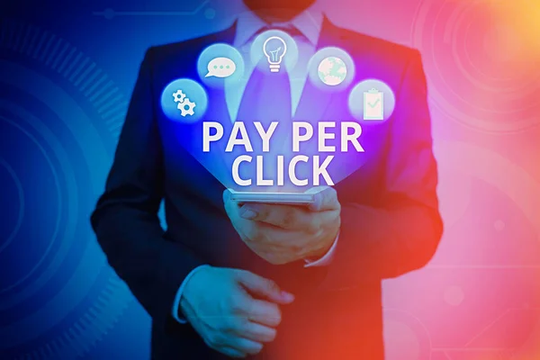 Sinal de texto mostrando Pay Per Click. Marketing de internet foto conceitual em que o pagamento é baseado em cliques . — Fotografia de Stock