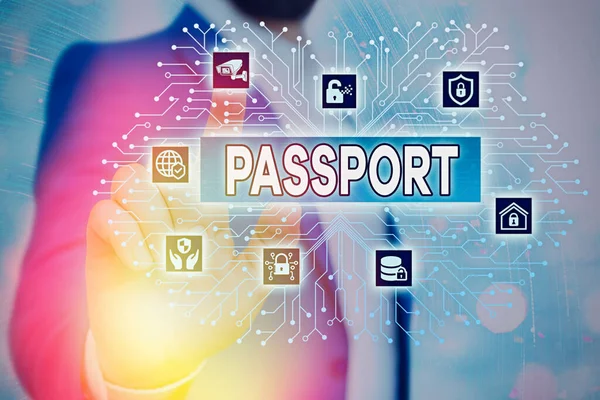 Textová značka zobrazující účet služby Passport. Koncepční foto oficiální dokument vydaný vládou osvědčující totožnost. — Stock fotografie