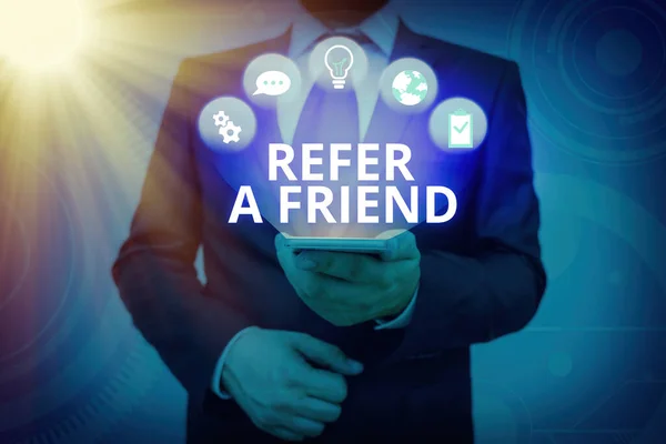 Text sign showing Refer A Friend. Conceptual photo direct someone to another or send him something like gift. — Stock Photo, Image