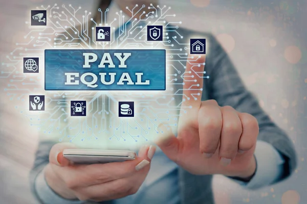 Manuscrito texto escrito Pay Equal. Conceito significado Princípio da não discriminação na remuneração do trabalho . — Fotografia de Stock