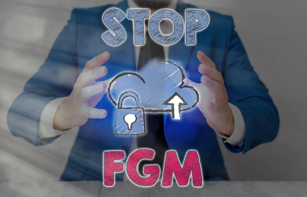 Escritura manual conceptual que muestra Stop Fgm. Texto de la foto comercial Poner fin al corte genital y la circuncisión . — Foto de Stock