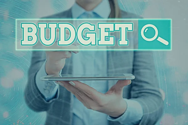 Signo de texto que muestra Presupuesto. Foto conceptual una estimación de ingresos y gastos para un período de tiempo determinado . — Foto de Stock